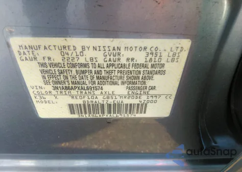 2010 Nissan Sentra 2.0S from USA, damaged, VIN 3N1AB6APXAL691574